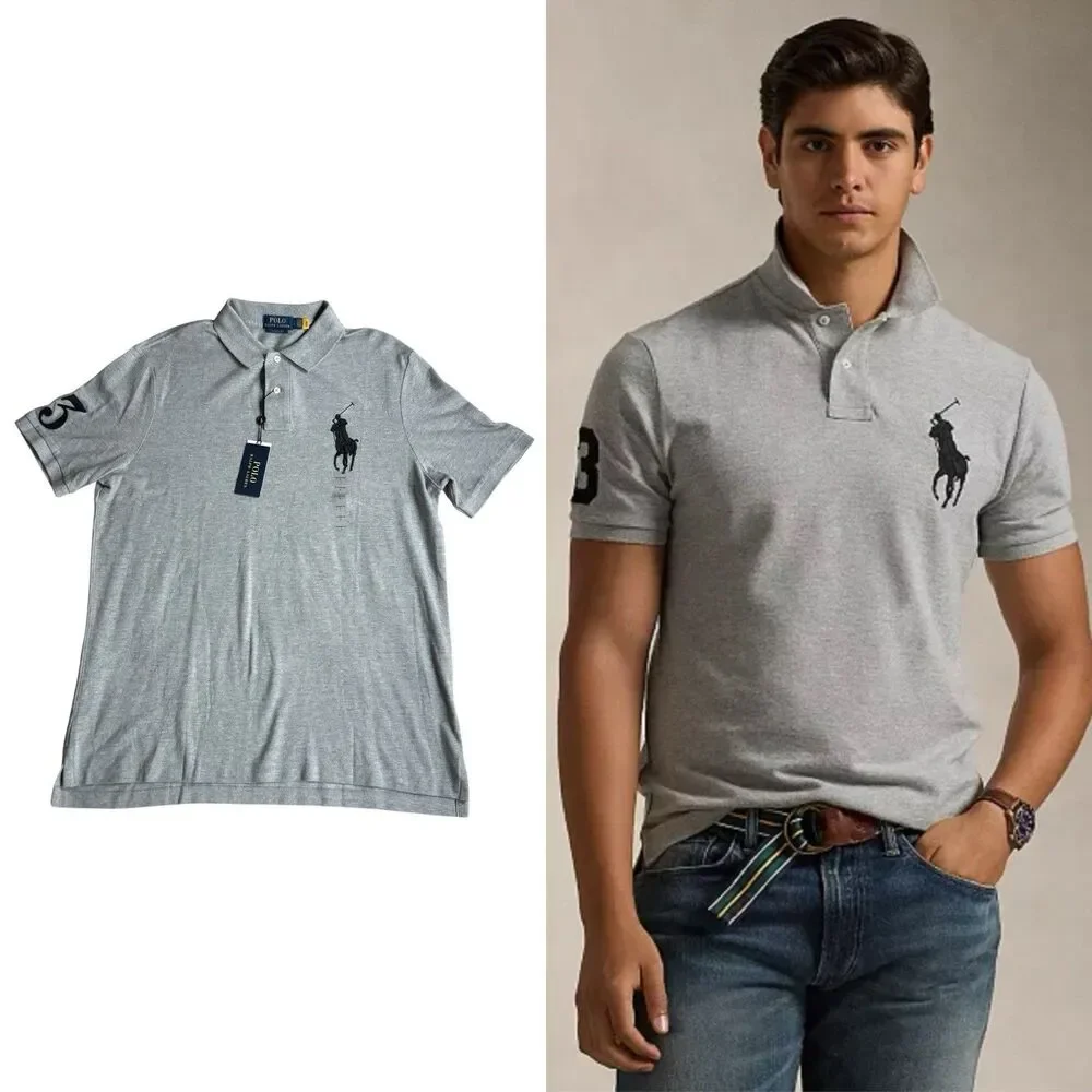 NWT POLO RALPH LAUREN Mens Big Pony Classic Fit Mesh Polo Shirt Grey L Preppy